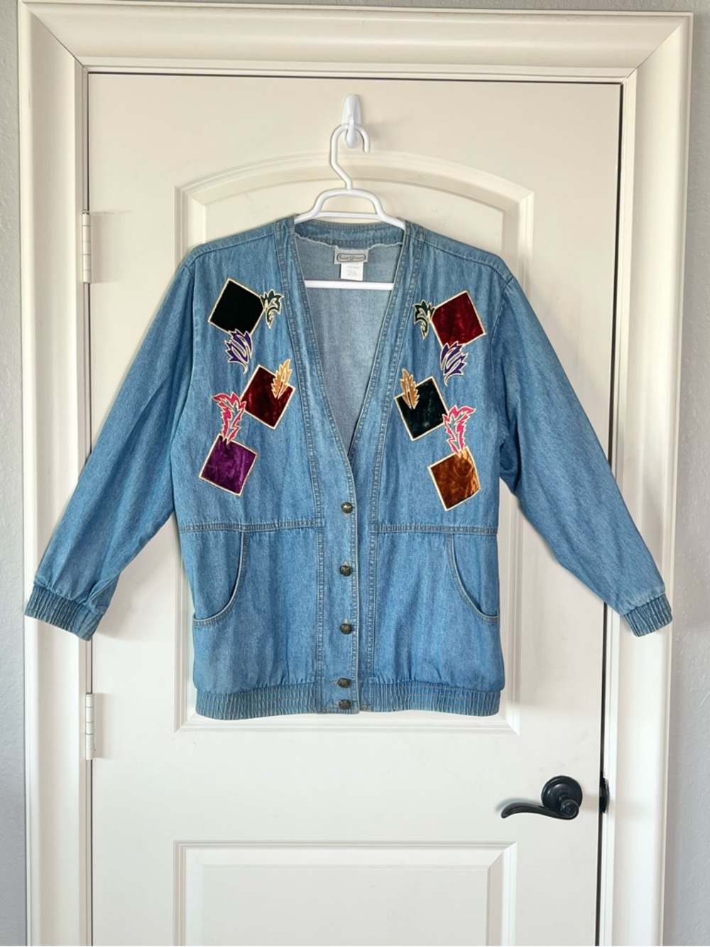 VTG 80s Saint Germain Paris Wearable Art Denim Jacket Velvet Applique M